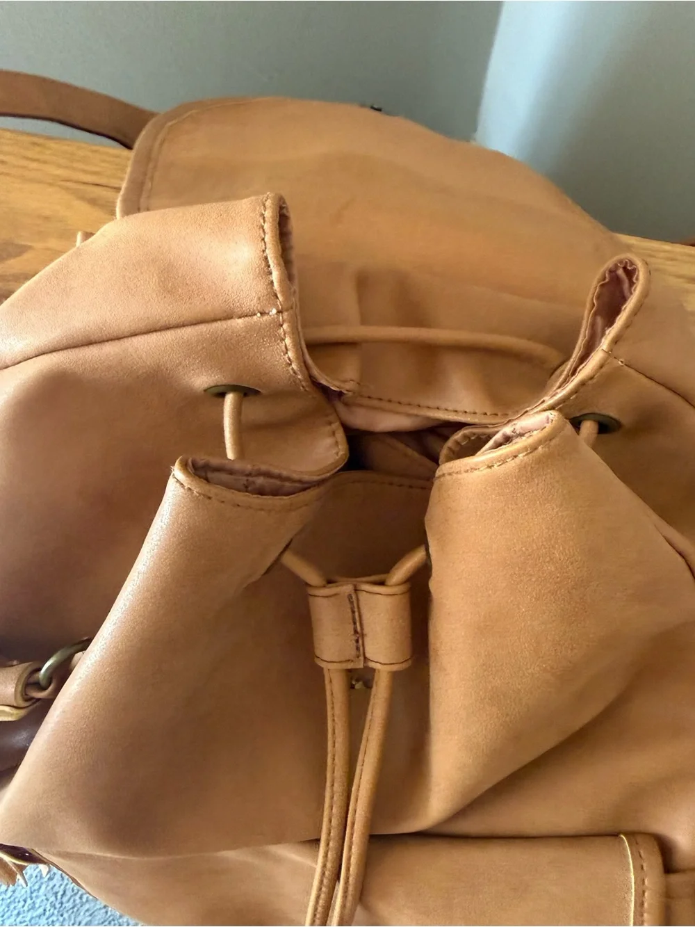 Tan Faux Leather Women’s Backpack — Decorative Cutout Design